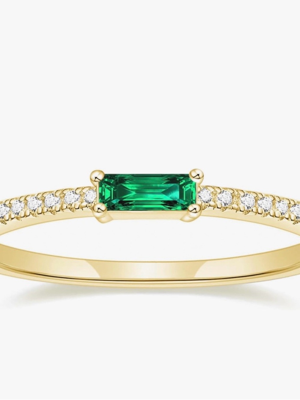 Gold Ring with Emerald-Color Baguette and Pavé Diamonds - Women Jewelry